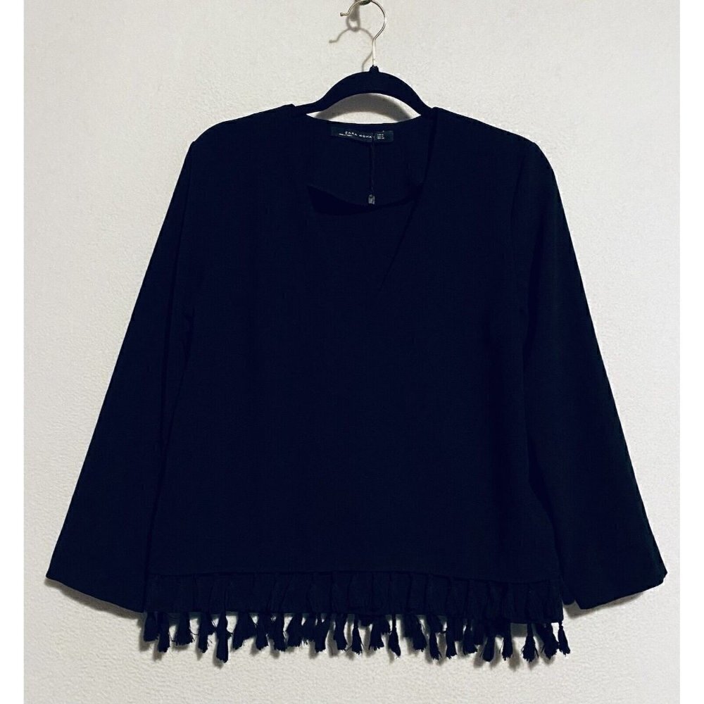 Zara Top Womens Medium Fringe Hem V Neck 3/4 Sleeve Black Minimalist Boho